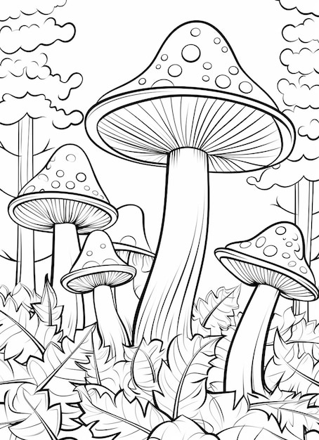 Foto un disegno in bianco e nero di funghi nel bosco generativo ai