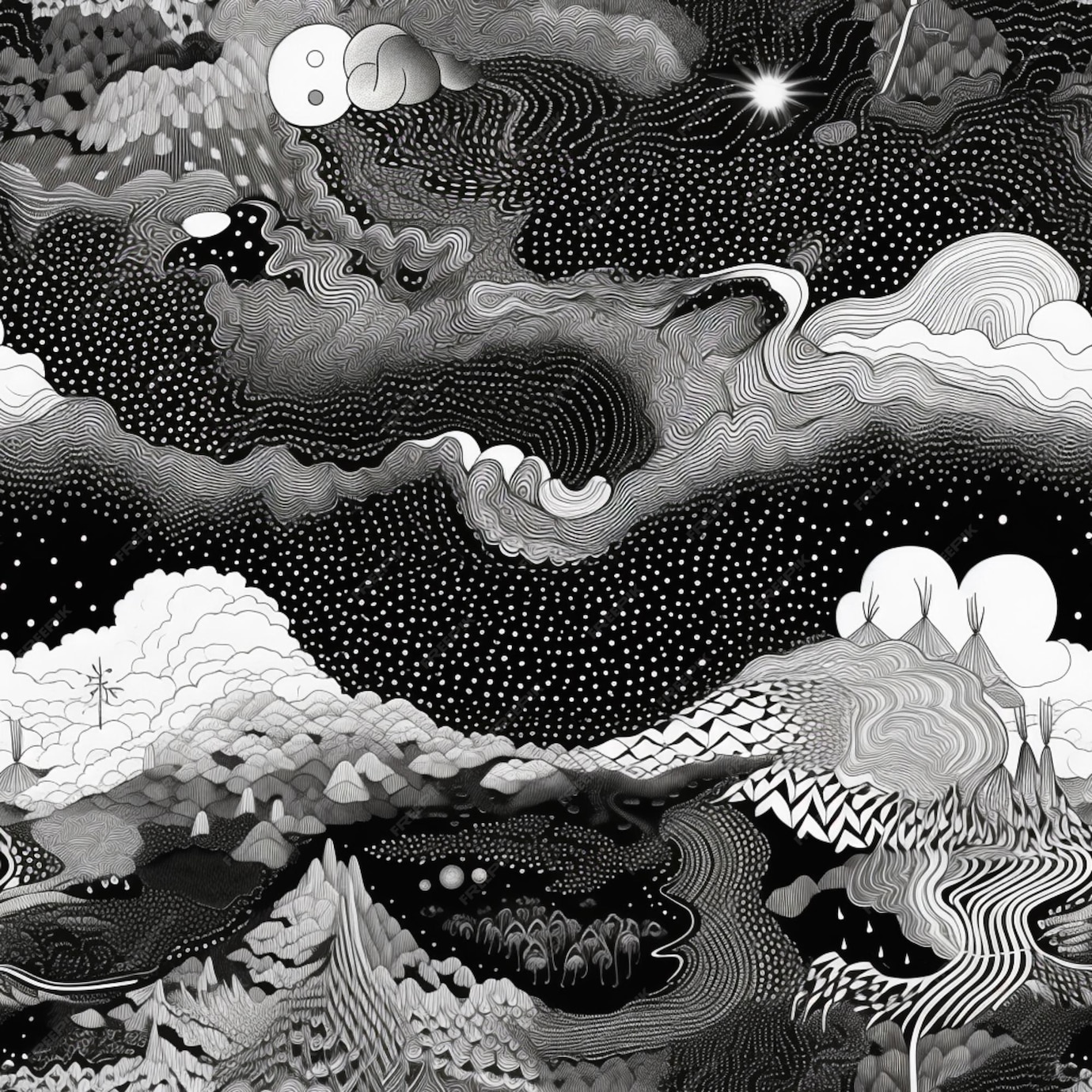 Premium Photo | A black and white drawing of a night sky with clouds