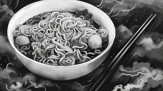 Photo black and white drawing of noodles in a bowl with chinese chopsticks generative ai