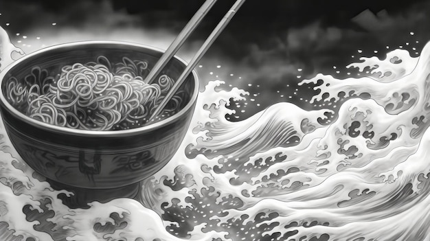 Black and white drawing of noodles in a bowl with Chinese chopsticks Generative AI