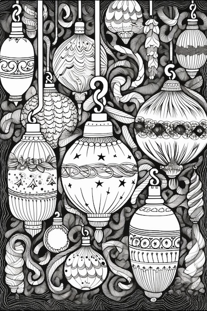 A black and white drawing of ornaments and ornaments generative ai