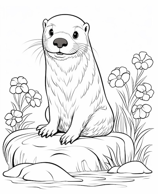 A black and white drawing of a otter sitting on a rock generative ai