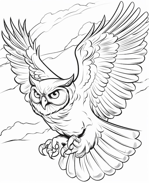 A black and white drawing of an owl flying in the sky generative ai