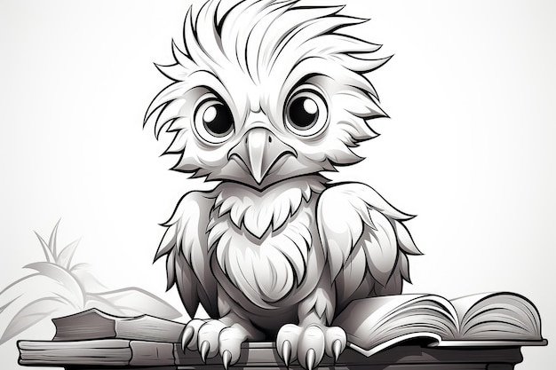 A black and white drawing of an owl sitting on a book Digital image