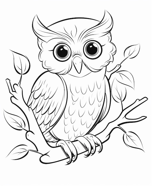 A black and white drawing of an owl sitting on a branch generative ai