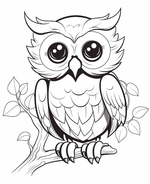 A black and white drawing of an owl sitting on a branch generative ai