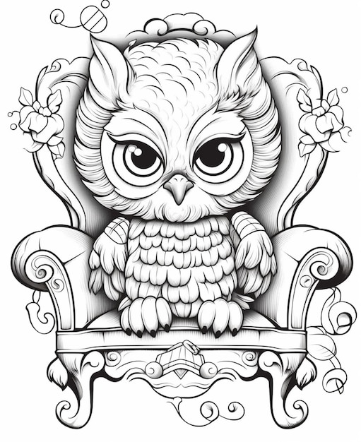 A black and white drawing of an owl sitting on a chair generative ai