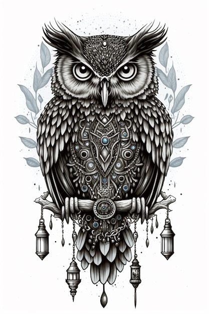 A black and white drawing of an owl with a clock and a lantern generative ai
