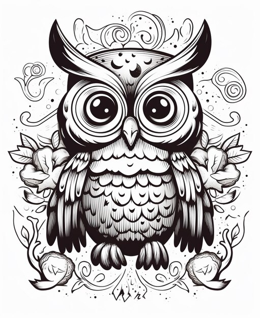 Photo a black and white drawing of an owl with a flower generative ai