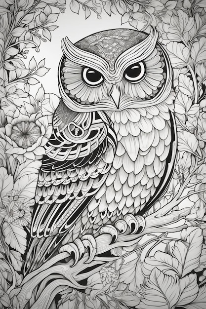 Black and white drawing of an owl with flowers and the words owl on it.