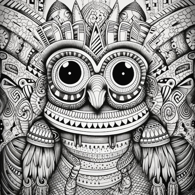 a black and white drawing of an owl with ornate designs generative ai