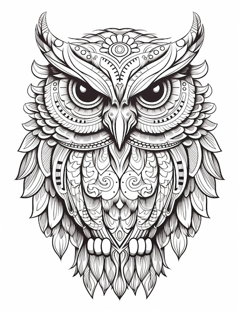 Photo a black and white drawing of an owl with ornate patterns generative ai