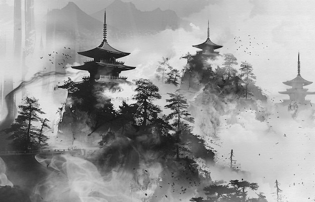 山と川を描いた伝統的な中国風の水墨画の風景画 静けさを