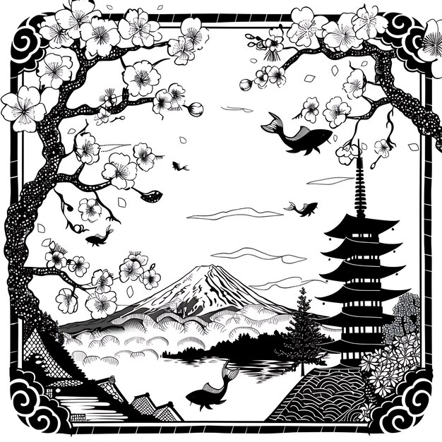 Photo a black and white drawing of a pagoda with a pagoda in the background