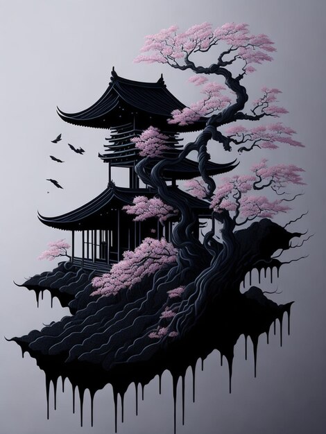 Photo a black and white drawing of a pagoda with pink flowers on it