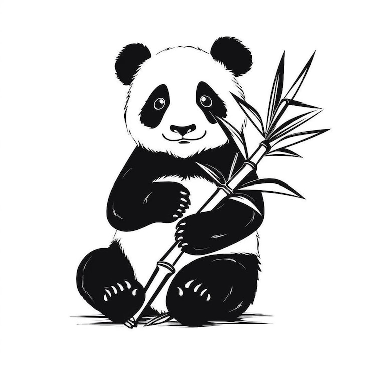 Photo a black and white drawing of a panda bear holding a bamboo generative ai