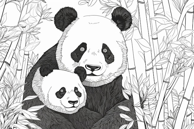 A black and white drawing of a panda and her cub.