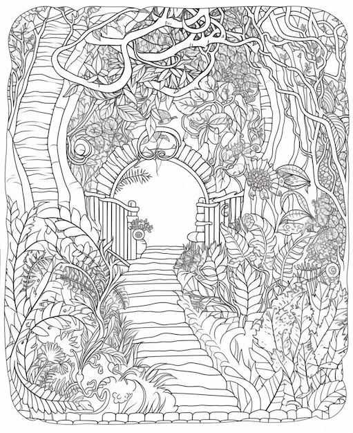 A black and white drawing of a path leading to a gate with a garden in the background.
