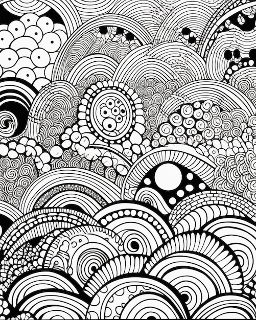 A black and white drawing of a pattern with circles and swirls.