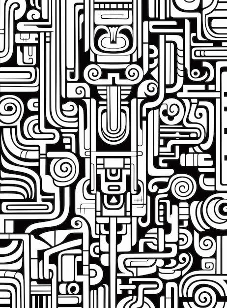 A black and white drawing of a pattern with a lot of different shapes generative ai