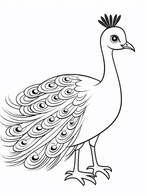 a black and white drawing of a peacock with feathers. generative ai.