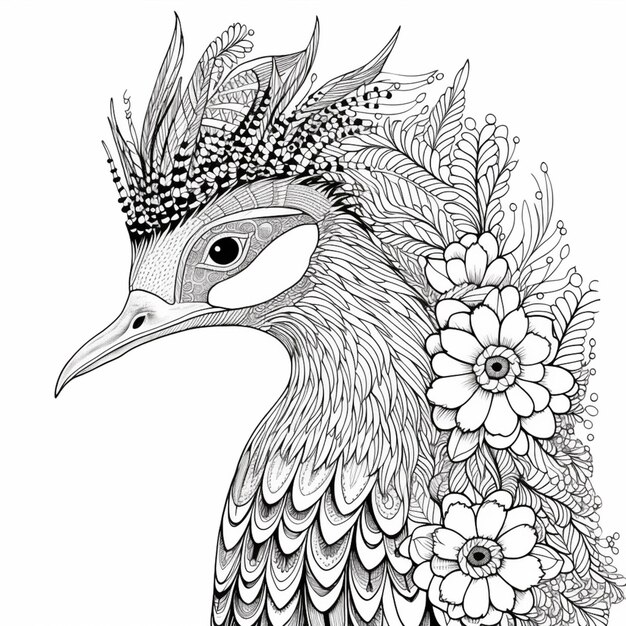 a black and white drawing of a peacock with flowers generative ai