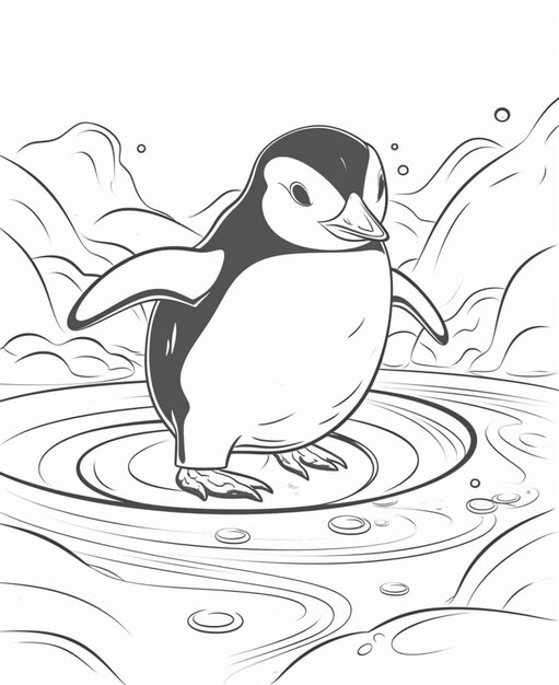 A black and white drawing of a penguin in a body of water generative ai