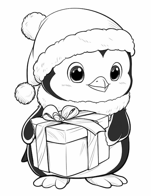 a black and white drawing of a penguin holding a present generative ai