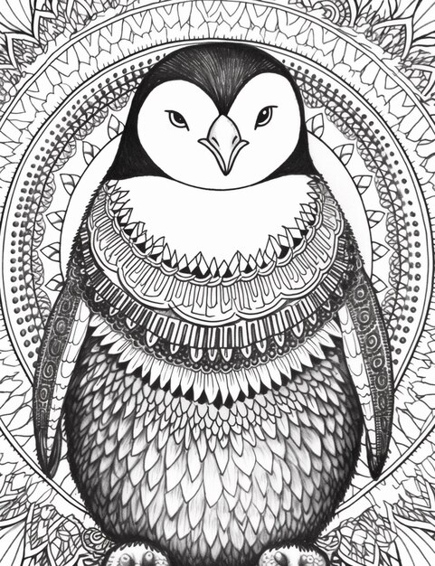 a black and white drawing of a penguin with a circular design generative ai