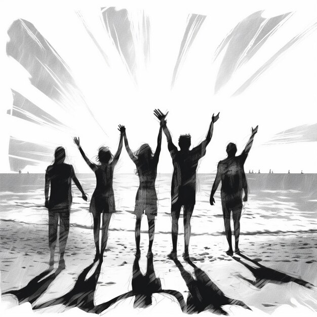 Foto un disegno in bianco e nero di persone sulla spiaggia con le braccia alzate.