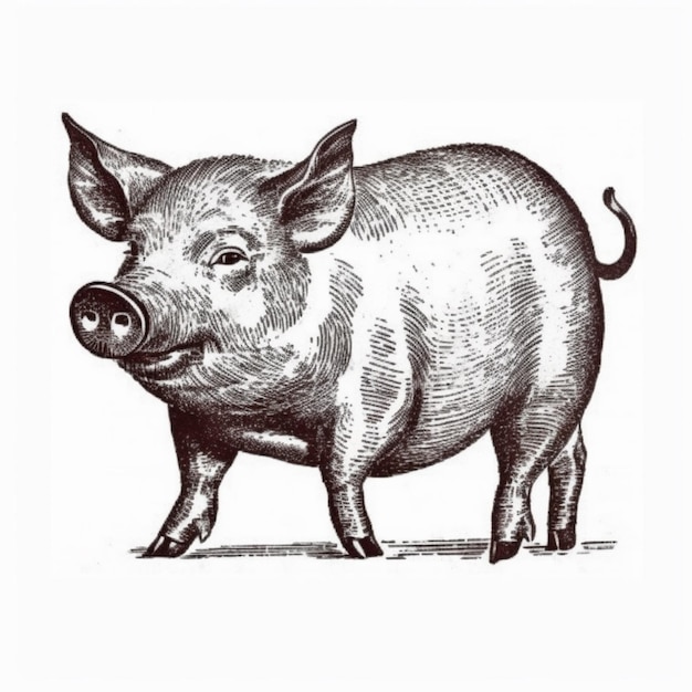 A black and white drawing of a pig standing on a white surface generative ai