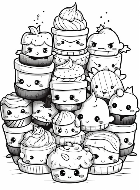 a black and white drawing of a pile of cupcakes with faces generative ai