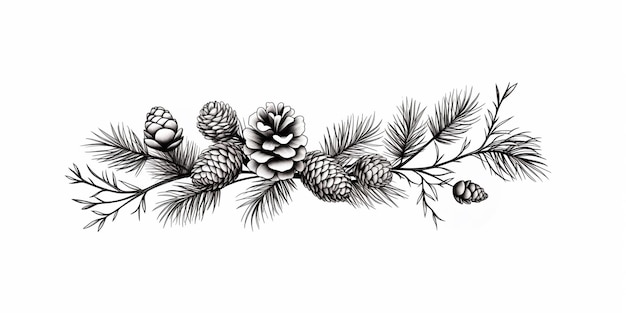 Photo a black and white drawing of pine cones and branches generative ai
