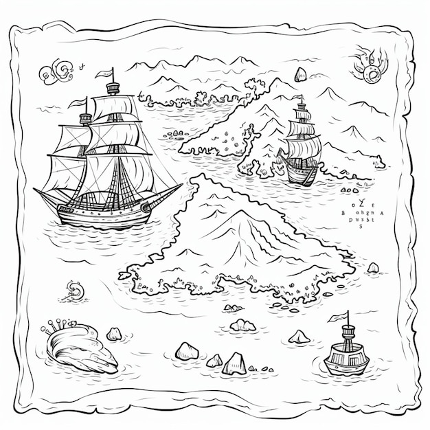 Черно-белый рисунок пиратской карты с генеративным искусственным интеллектом кораблей