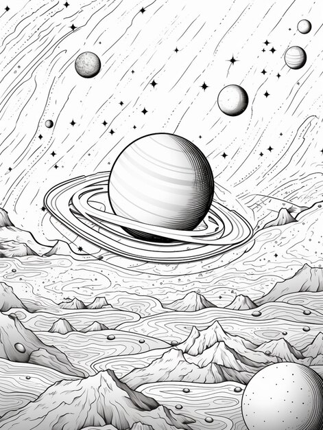 Photo a black and white drawing of a planet with a ring around it generative ai