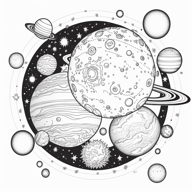 Photo a black and white drawing of planets and stars in a circle generative ai