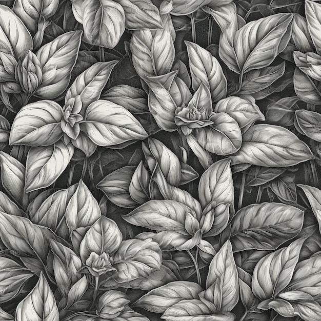 A black and white drawing of a plant with the leaves and the words basil on it.