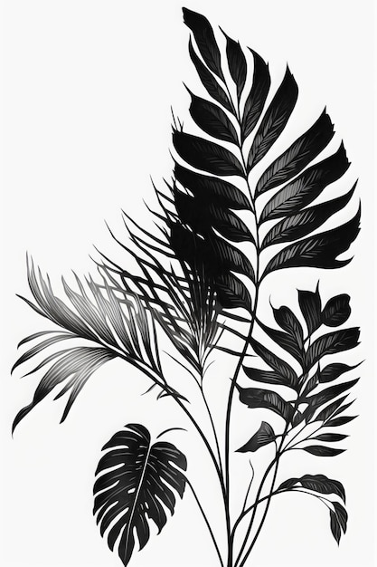 A black and white drawing of a plant with leaves and the words " tropical ".