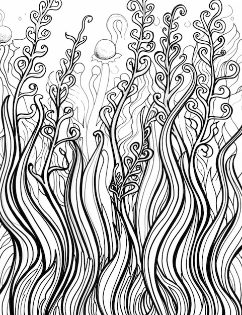 a black and white drawing of a plant with swirly leaves generative ai