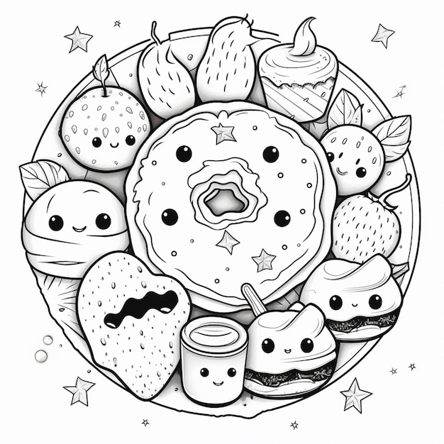 a black and white drawing of a plate of donuts with different toppings generative ai