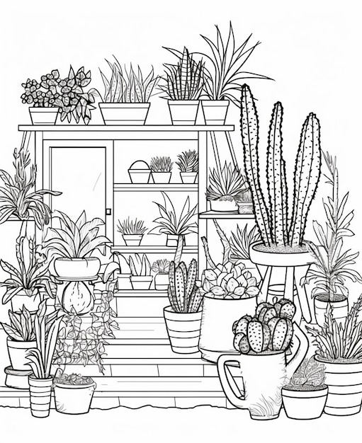 a black and white drawing of a potted plant stand generative ai