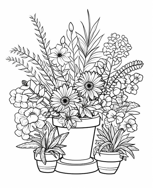 a black and white drawing of a potted plant with flowers generative ai