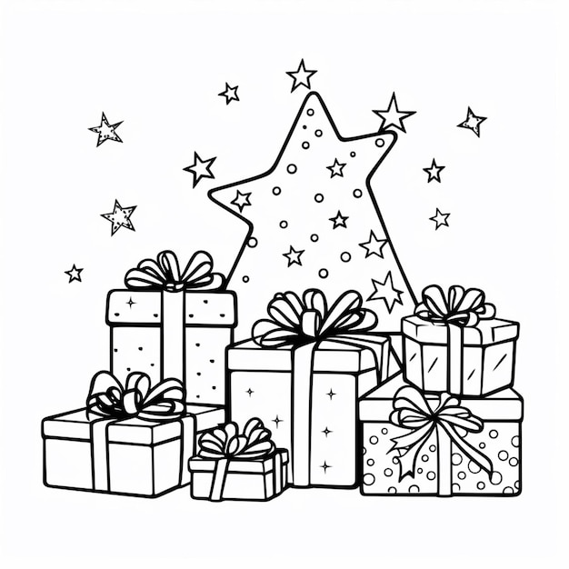Photo a black and white drawing of presents under a christmas tree generative ai