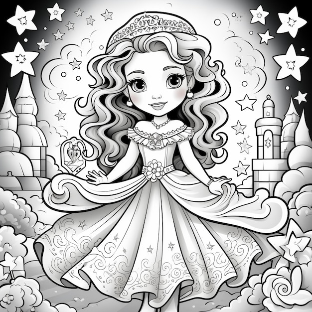 a black and white drawing of a princess in a dress generative ai