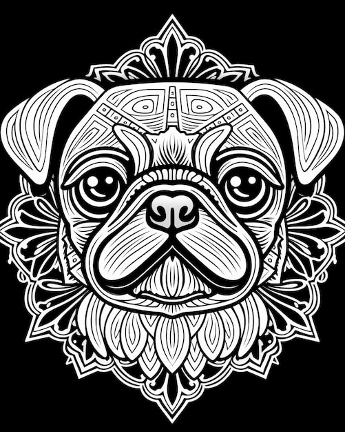 Photo a black and white drawing of a pug dog with a floral pattern generative ai