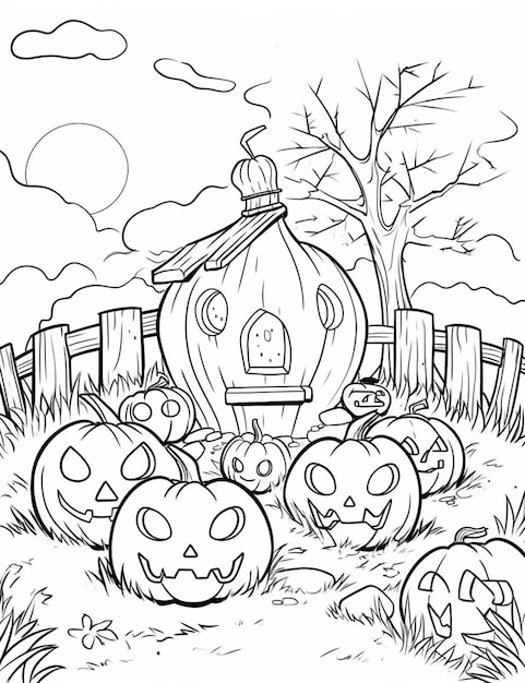 A black and white drawing of a pumpkin house with pumpkins generative ai