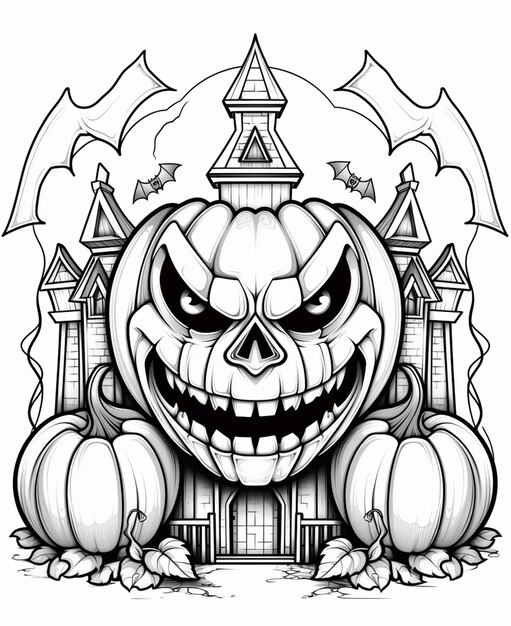 Photo a black and white drawing of a pumpkin with a castle in the background generative ai