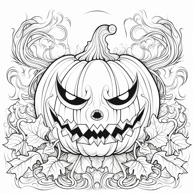 a black and white drawing of a pumpkin with a scary face generative ai