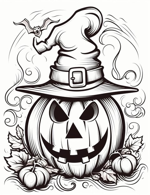 A black and white drawing of a pumpkin with a witch hat generative ai