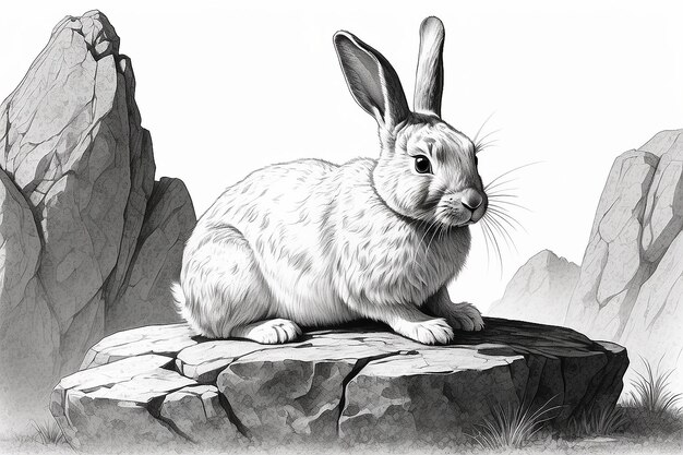 Photo a black and white drawing of a rabbit sitting on a rock generative ai